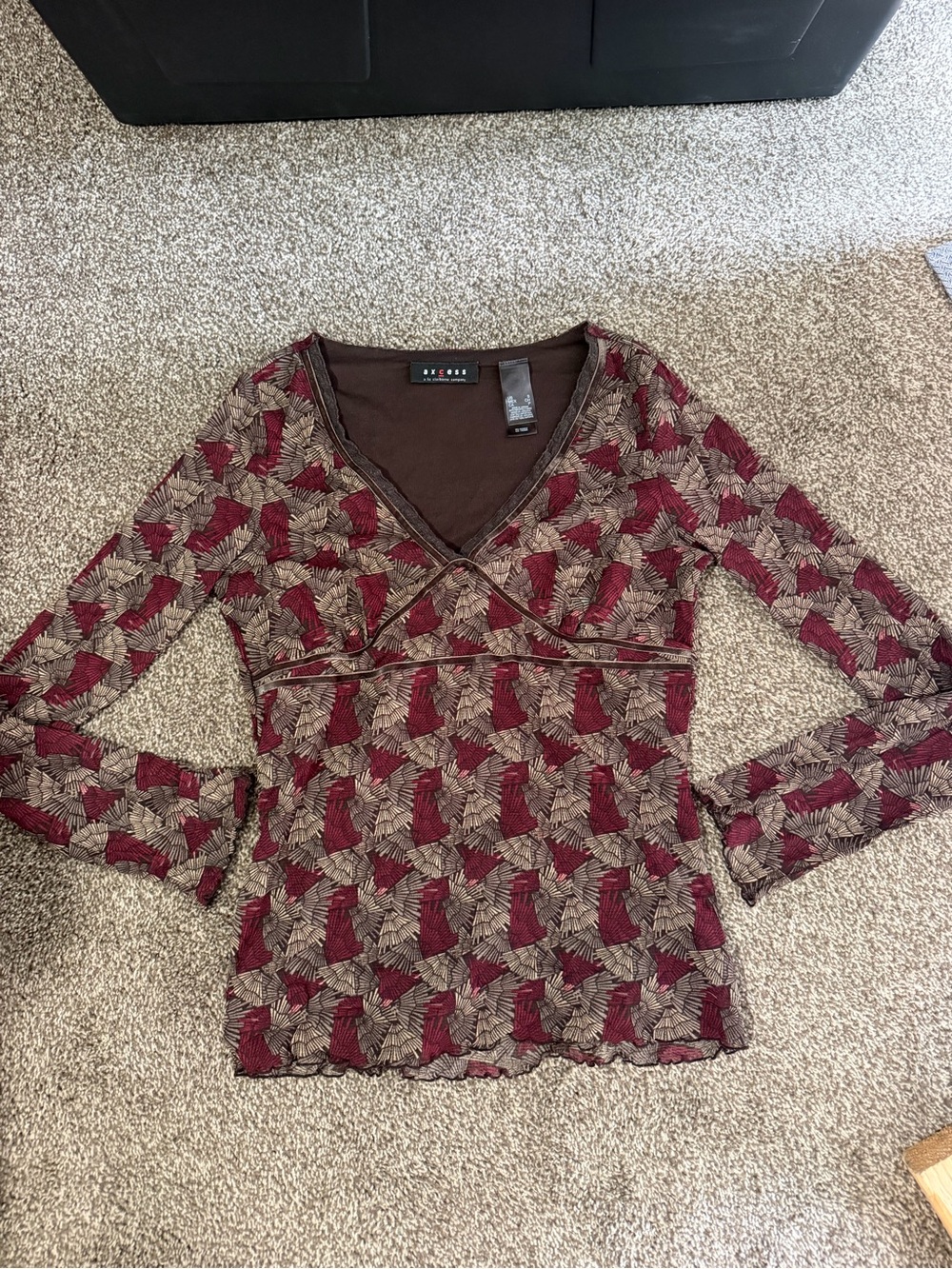 Axcess Burgundy & Brown Patterned V-Neck Long Sleeve Top